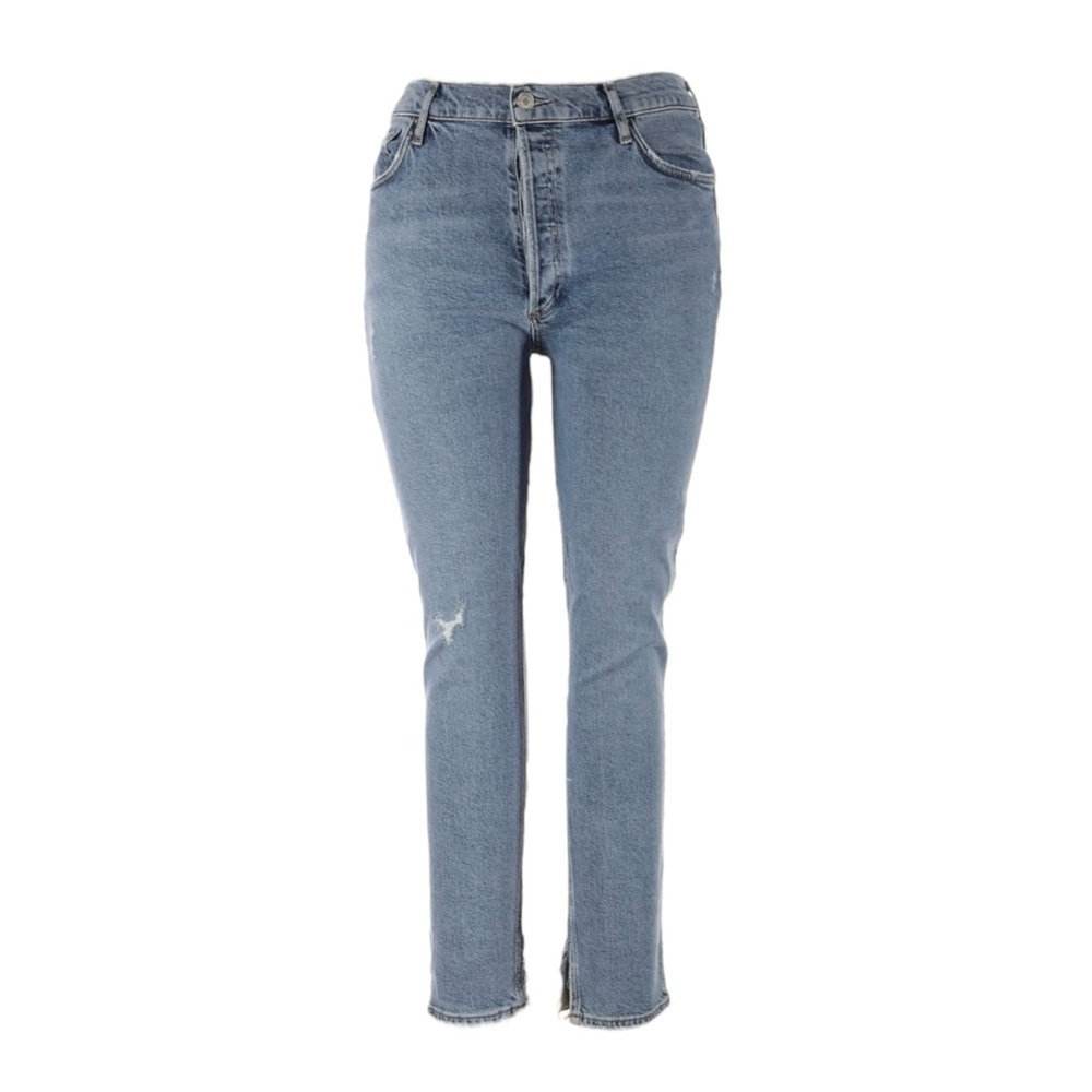 AGOLDE Nico High Rise Slim Jeans 31 Headlines Blue Distressed Raw Hem Slit NWT